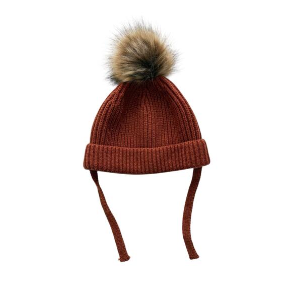 Zara Rust Knit Faux Fur Pom Beanie Hat Size 3-6y - Picture 1 of 3